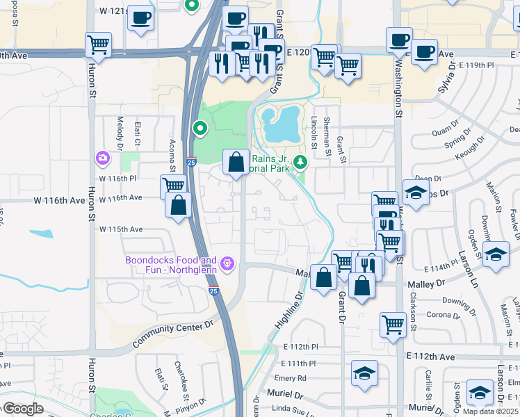 map of restaurants, bars, coffee shops, grocery stores, and more near 11512 Community Center Drive in Northglenn