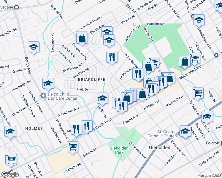 map of restaurants, bars, coffee shops, grocery stores, and more near 106 South Academy Avenue in Glenolden
