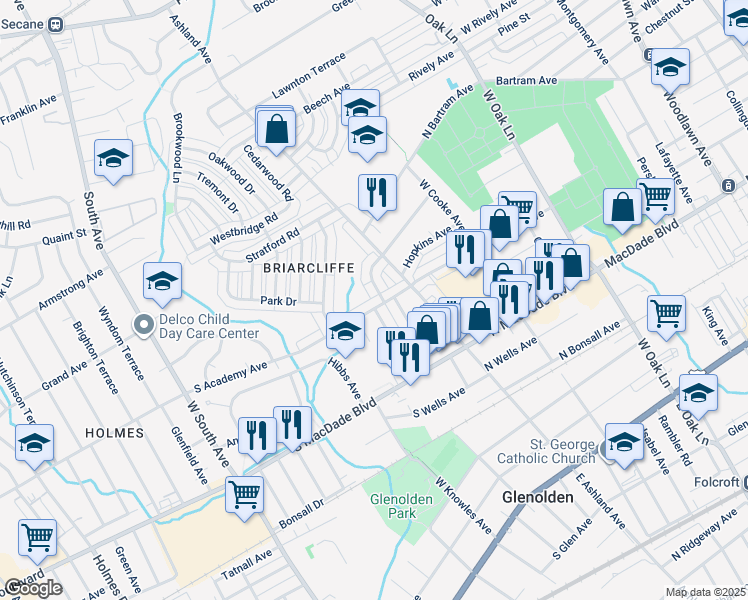 map of restaurants, bars, coffee shops, grocery stores, and more near 106 South Academy Avenue in Glenolden