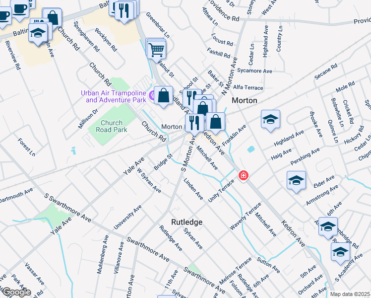 map of restaurants, bars, coffee shops, grocery stores, and more near 56 South Morton Avenue in Morton
