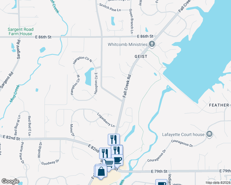 map of restaurants, bars, coffee shops, grocery stores, and more near 8228 Mud Creek Road in Indianapolis