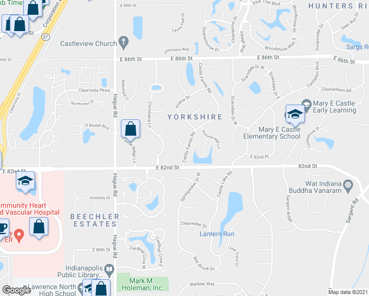 map of restaurants, bars, coffee shops, grocery stores, and more near 8207 Castle Farms Road in Indianapolis
