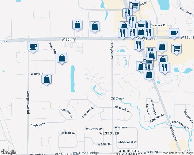 map of restaurants, bars, coffee shops, grocery stores, and more near 8291 Hewlet Drive in Indianapolis
