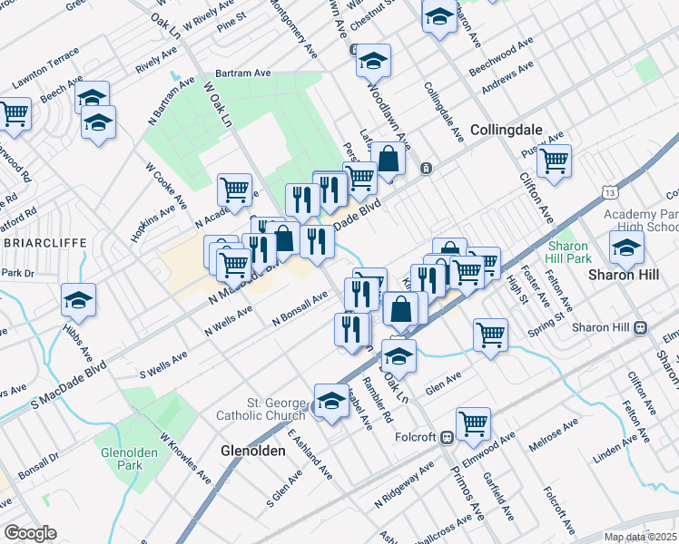 map of restaurants, bars, coffee shops, grocery stores, and more near 309 West Oak Lane in Collingdale
