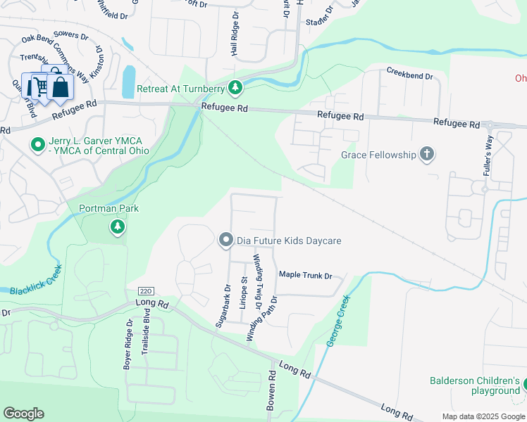 map of restaurants, bars, coffee shops, grocery stores, and more near 7474 Winding Path Court in Columbus
