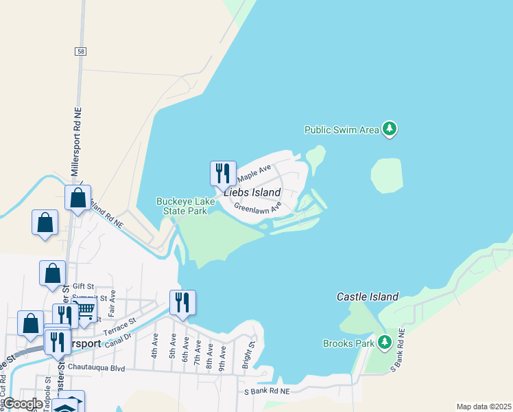 map of restaurants, bars, coffee shops, grocery stores, and more near 3076 Greenlawn Avenue in Millersport