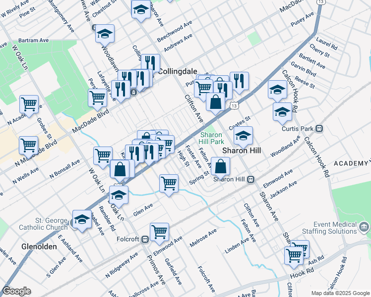 map of restaurants, bars, coffee shops, grocery stores, and more near 126 Foster Avenue in Sharon Hill