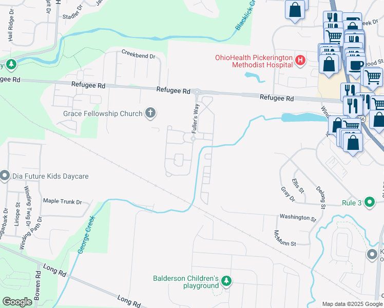 map of restaurants, bars, coffee shops, grocery stores, and more near 141 Fuller's Circle in Pickerington