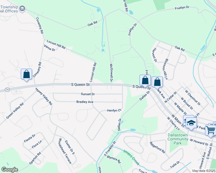 map of restaurants, bars, coffee shops, grocery stores, and more near 2942 South Queen Street in Dallastown