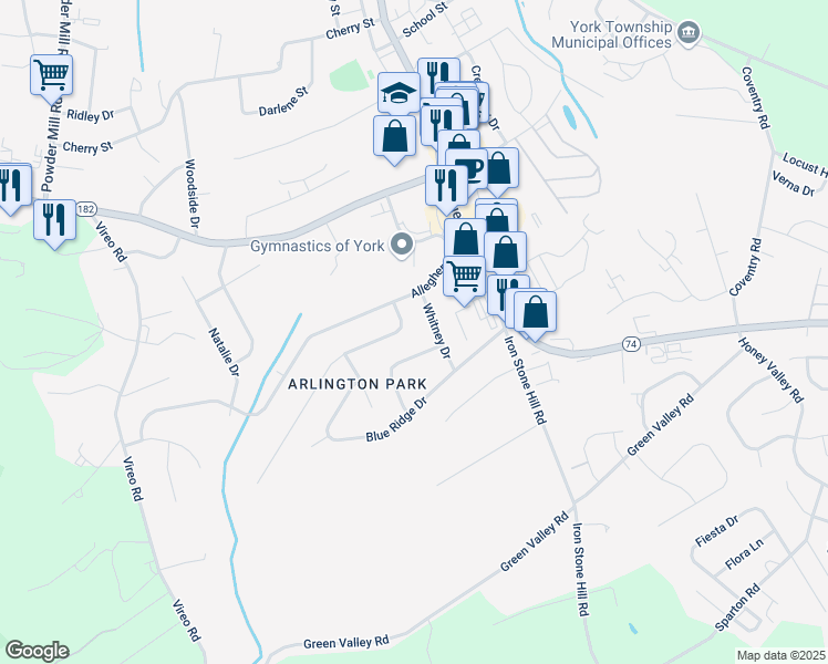 map of restaurants, bars, coffee shops, grocery stores, and more near 449 Rushmore Drive in York