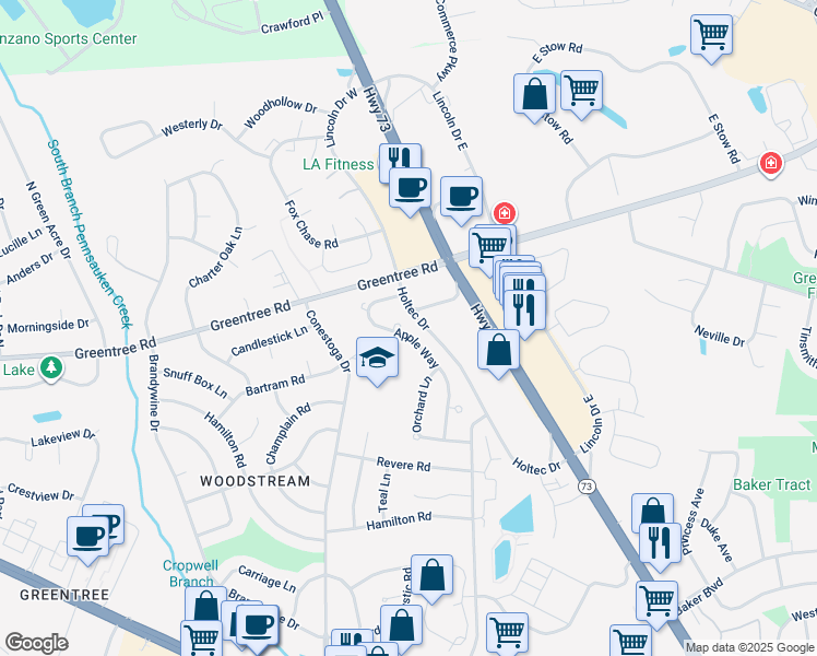 map of restaurants, bars, coffee shops, grocery stores, and more near 29 Apple Way in Marlton
