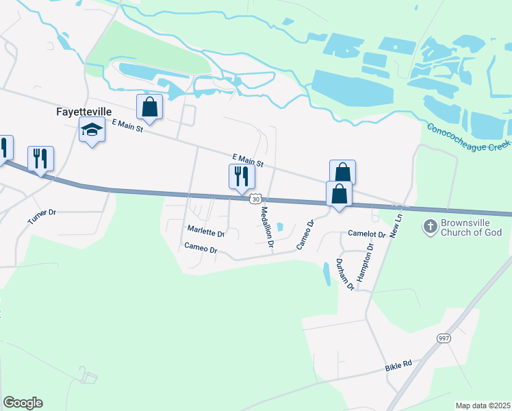 map of restaurants, bars, coffee shops, grocery stores, and more near 5642 Lincoln Way East in Fayetteville