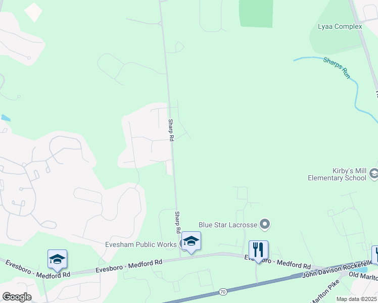 map of restaurants, bars, coffee shops, grocery stores, and more near 160 Sharp Road in Evesham Township