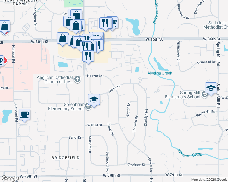 map of restaurants, bars, coffee shops, grocery stores, and more near 8236 Hoover Lane in Indianapolis