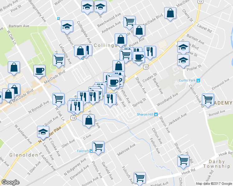 map of restaurants, bars, coffee shops, grocery stores, and more near 126 Foster Avenue in Sharon Hill