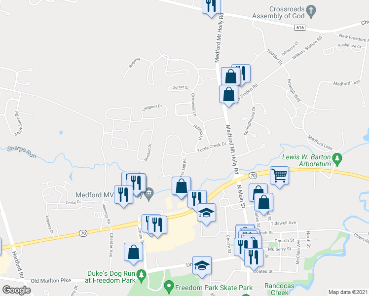 map of restaurants, bars, coffee shops, grocery stores, and more near 33 Turtle Creek Drive in Medford