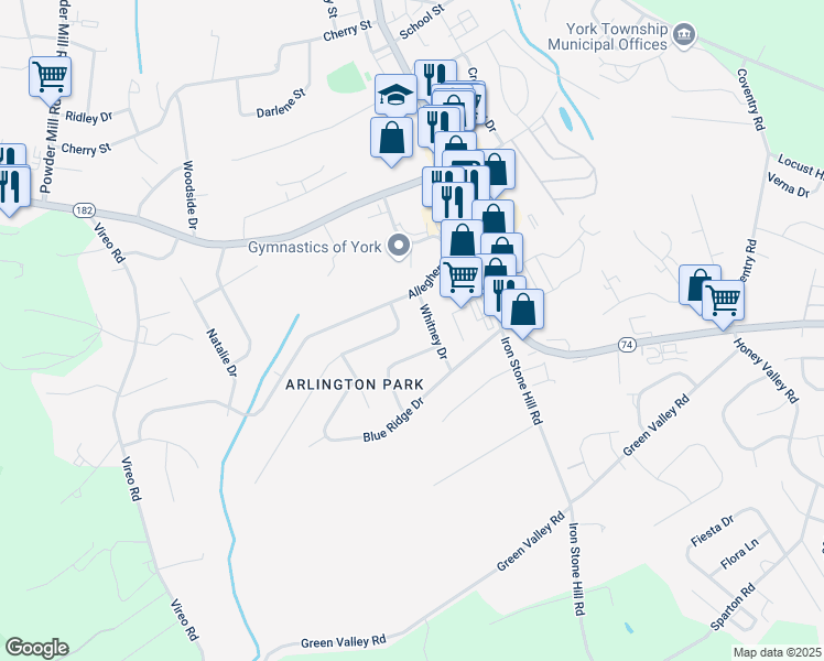 map of restaurants, bars, coffee shops, grocery stores, and more near 449 Rushmore Drive in York