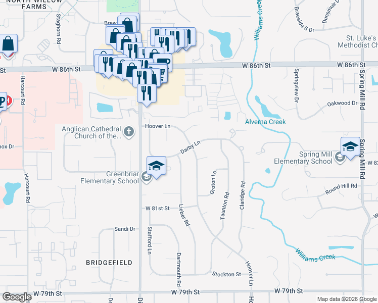 map of restaurants, bars, coffee shops, grocery stores, and more near 8236 Hoover Lane in Indianapolis