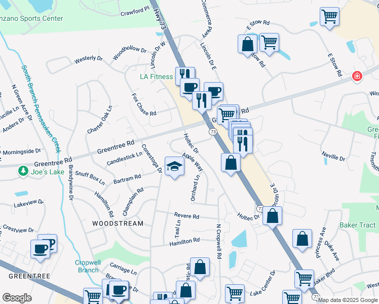 map of restaurants, bars, coffee shops, grocery stores, and more near 29 Apple Way in Marlton