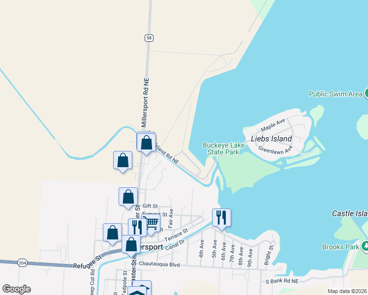 map of restaurants, bars, coffee shops, grocery stores, and more near 12524 West Bank Drive Northeast in Millersport