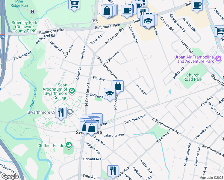map of restaurants, bars, coffee shops, grocery stores, and more near 305 Chestnut Avenue in Swarthmore