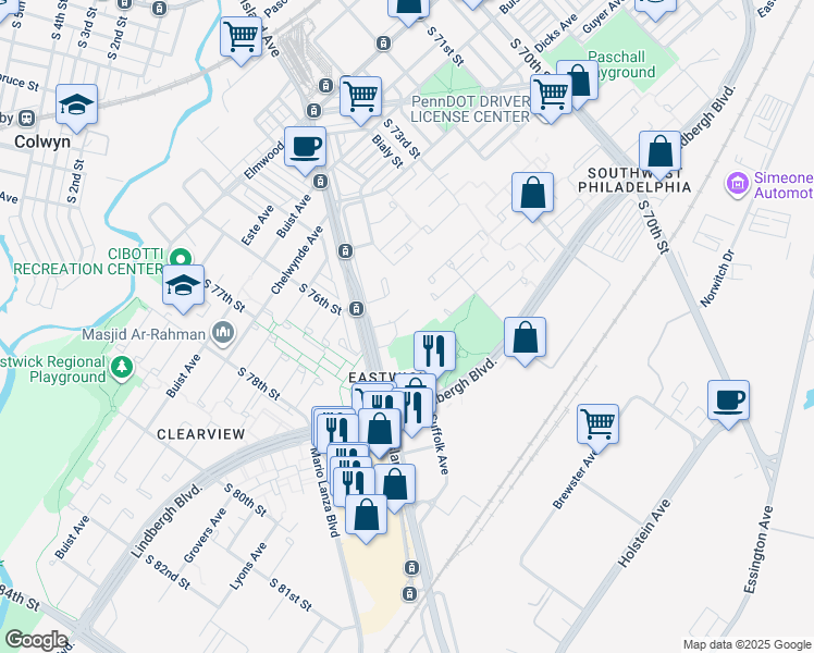 map of restaurants, bars, coffee shops, grocery stores, and more near 2851 Island Ave in Philadelphia