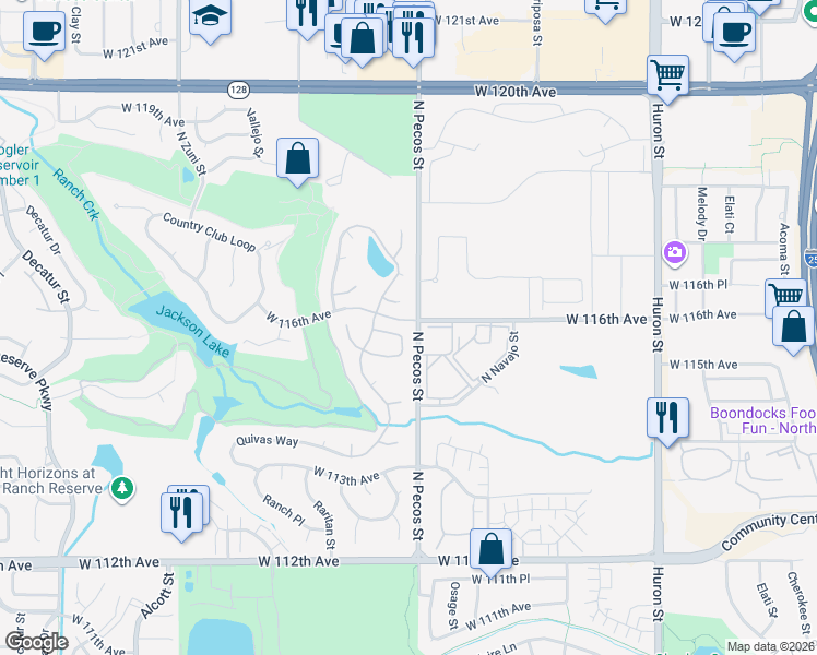 map of restaurants, bars, coffee shops, grocery stores, and more near West 116th Avenue in Westminster