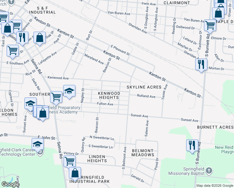 map of restaurants, bars, coffee shops, grocery stores, and more near 1902 Rutland Avenue in Springfield