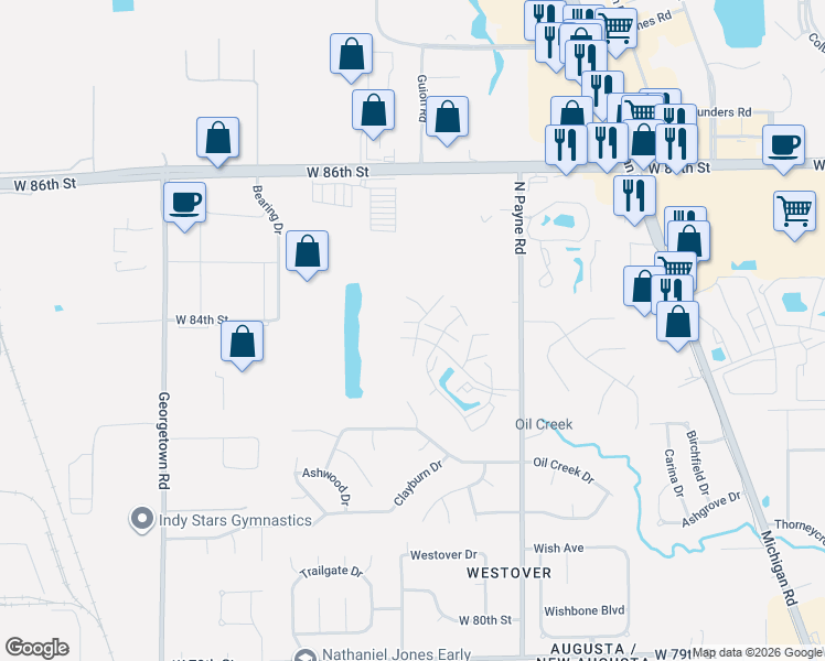 map of restaurants, bars, coffee shops, grocery stores, and more near 8330 Woodall Drive in Indianapolis