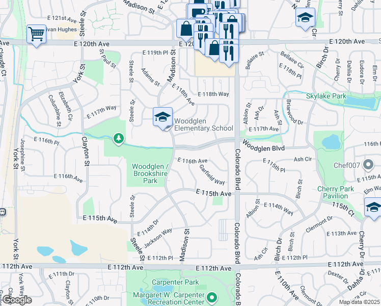 map of restaurants, bars, coffee shops, grocery stores, and more near 3725 Woodglen Boulevard in Thornton