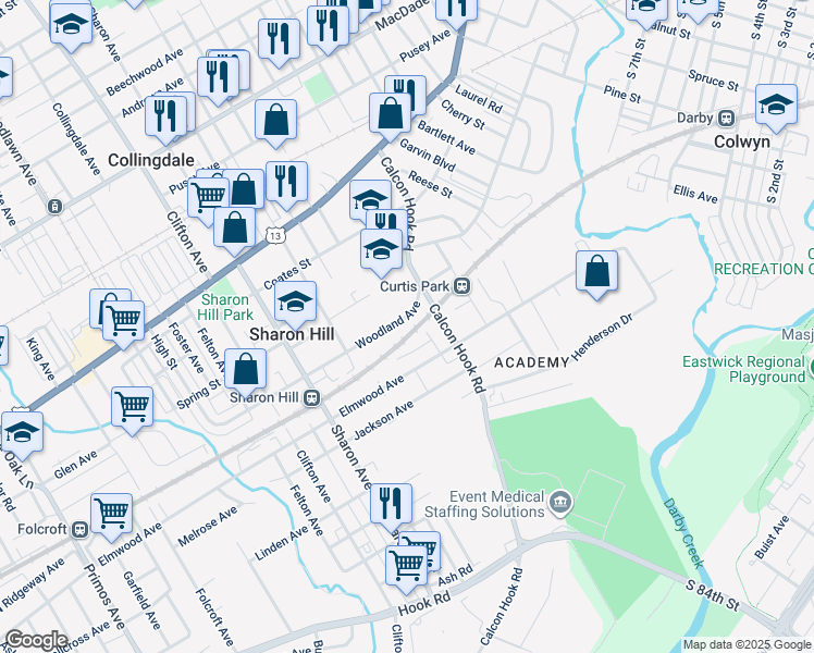 map of restaurants, bars, coffee shops, grocery stores, and more near 825 Woodland Avenue in Sharon Hill