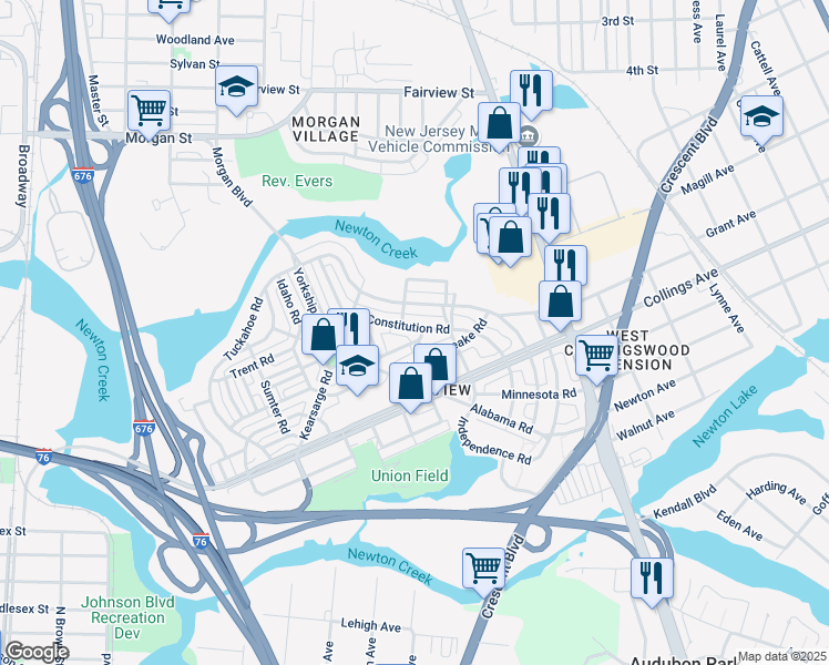 map of restaurants, bars, coffee shops, grocery stores, and more near 2893 North Congress Road in Camden
