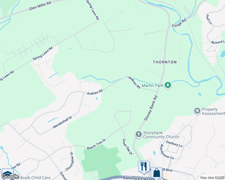 map of restaurants, bars, coffee shops, grocery stores, and more near 40 Andrien Road in Glen Mills