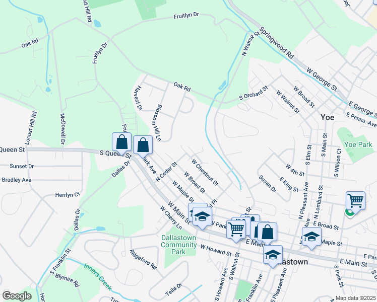 map of restaurants, bars, coffee shops, grocery stores, and more near 270 North Cedar Street in Dallastown