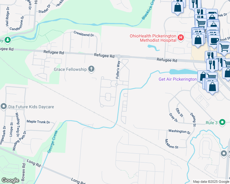 map of restaurants, bars, coffee shops, grocery stores, and more near 113 Fuller's Circle in Pickerington