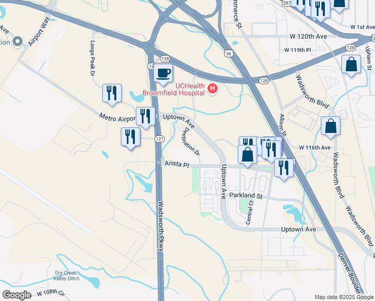 map of restaurants, bars, coffee shops, grocery stores, and more near 11585 Destination Drive in Broomfield