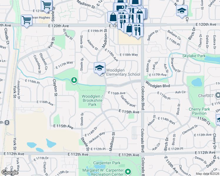 map of restaurants, bars, coffee shops, grocery stores, and more near 3725 Woodglen Boulevard in Thornton