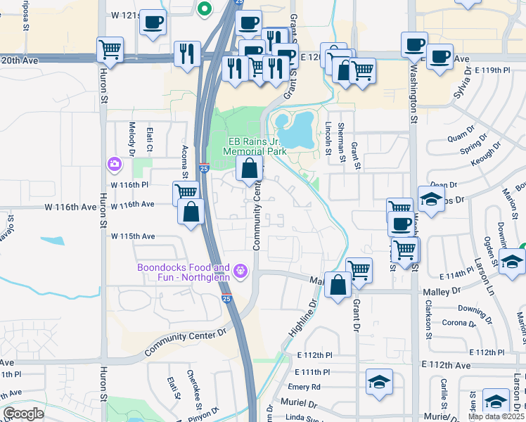 map of restaurants, bars, coffee shops, grocery stores, and more near 11614 Community Center Drive in Northglenn
