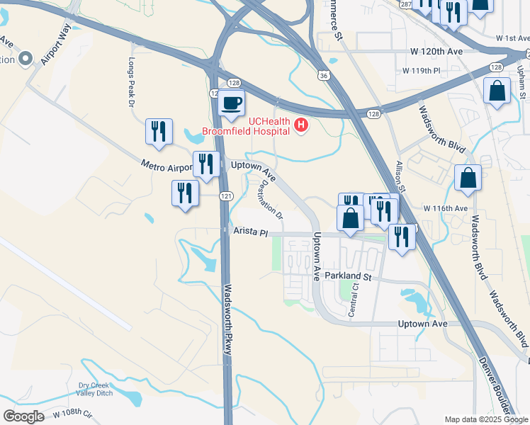 map of restaurants, bars, coffee shops, grocery stores, and more near 8601 Arista Pl in Broomfield