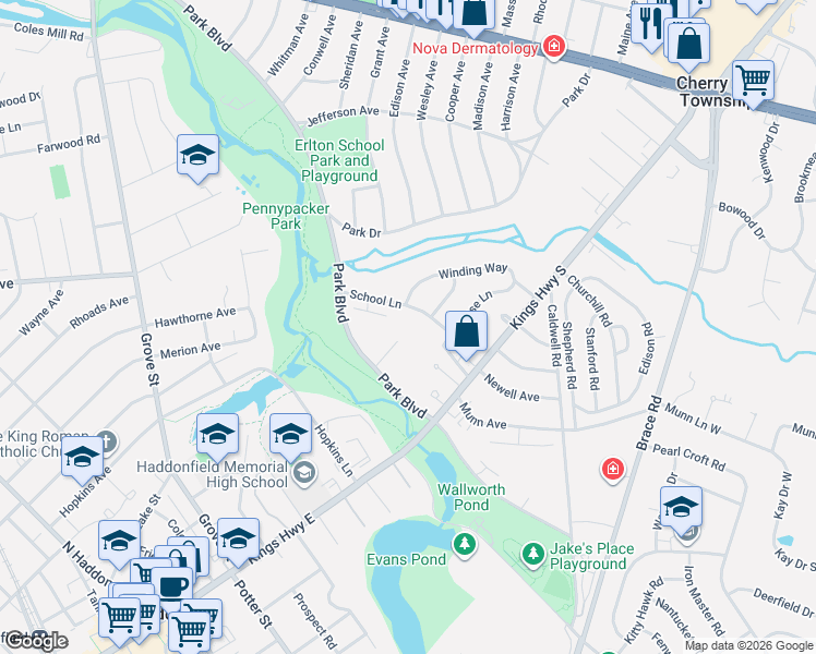 map of restaurants, bars, coffee shops, grocery stores, and more near 20 School Lane in Cherry Hill