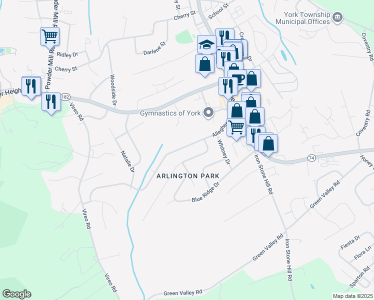 map of restaurants, bars, coffee shops, grocery stores, and more near 423 Allegheny Drive in York