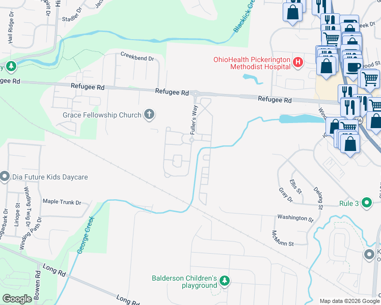 map of restaurants, bars, coffee shops, grocery stores, and more near 113 Fuller's Circle in Pickerington