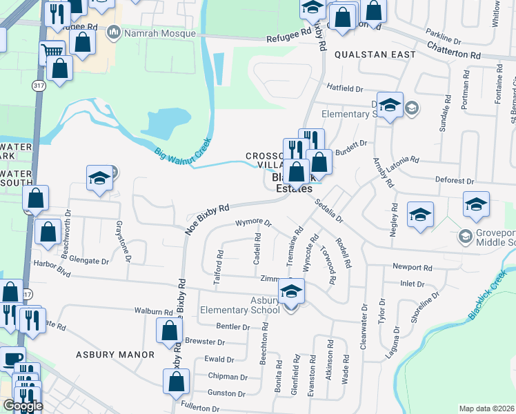 map of restaurants, bars, coffee shops, grocery stores, and more near 3371 Noe Bixby Road in Columbus