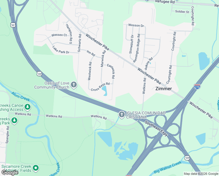 map of restaurants, bars, coffee shops, grocery stores, and more near 3366 Cross Keys Road in Columbus