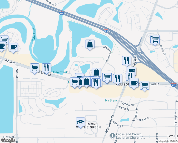 map of restaurants, bars, coffee shops, grocery stores, and more near 8332 Lakeshore Trail East Drive in Indianapolis