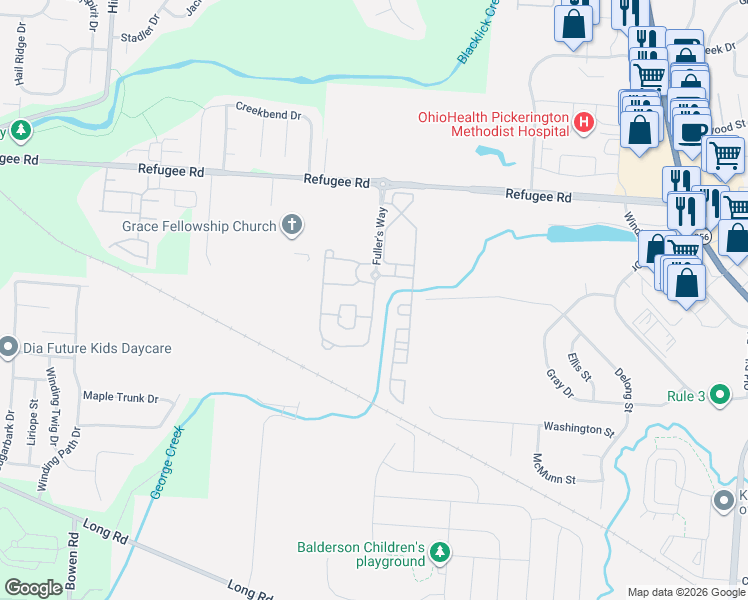 map of restaurants, bars, coffee shops, grocery stores, and more near Fuller's Circle in Pickerington