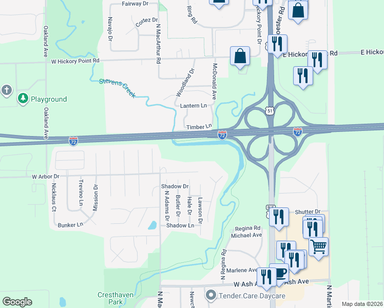 map of restaurants, bars, coffee shops, grocery stores, and more near 20 Sun And Fun Court in Decatur