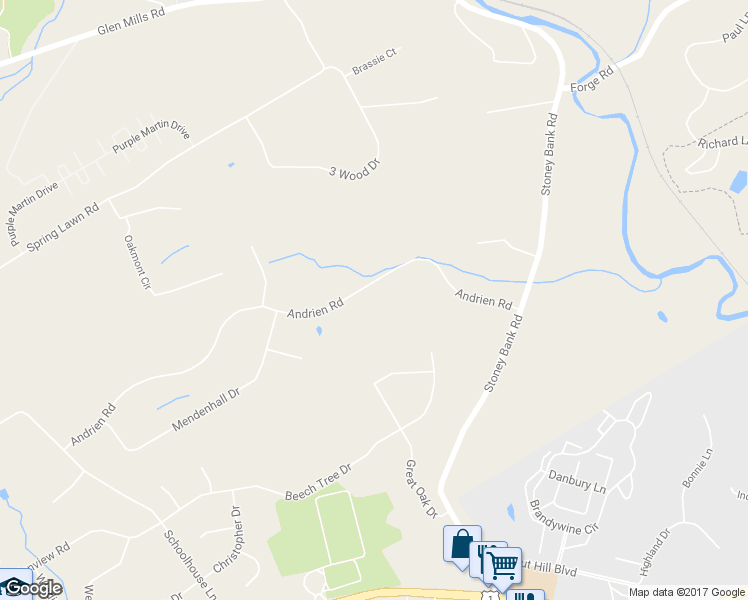 map of restaurants, bars, coffee shops, grocery stores, and more near 40 Andrien Road in Glen Mills