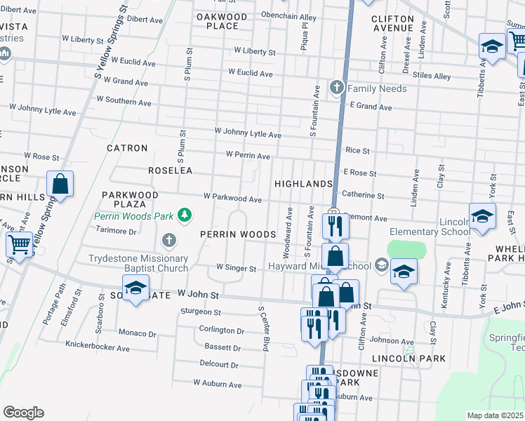 map of restaurants, bars, coffee shops, grocery stores, and more near 1565 South Center Boulevard in Springfield