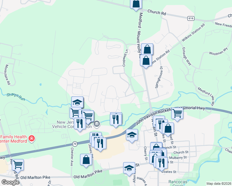map of restaurants, bars, coffee shops, grocery stores, and more near 166 Eaves Mill Road in Medford